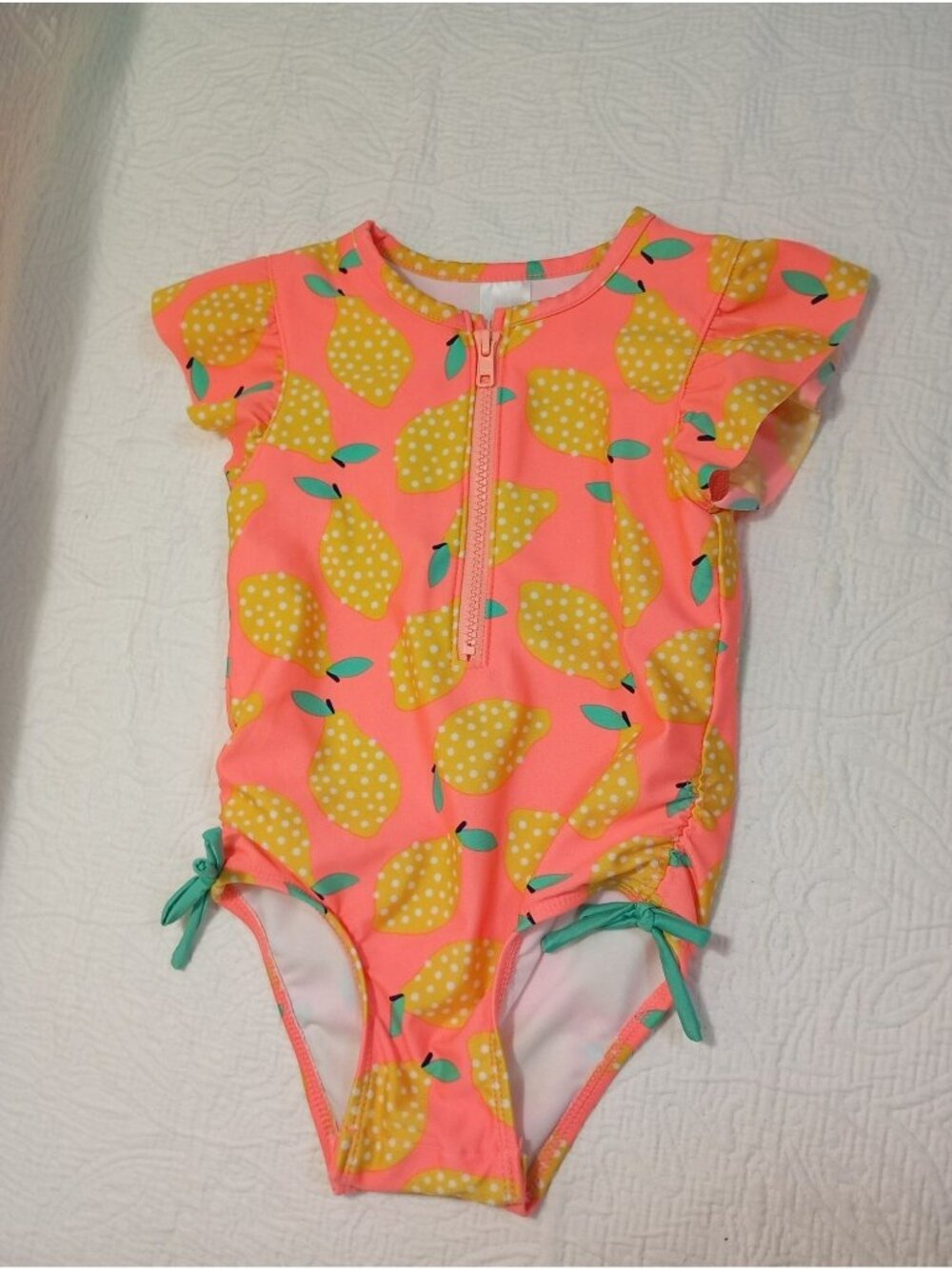 Cat & Jack Toddler Girls Lemon-Print Swimsuit Ruffle Sleeves Front Zipper Sz 2T